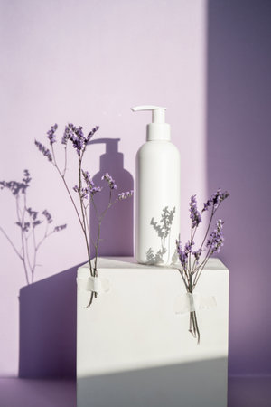 Jars of cosmetics on a purple background with lavender.の写真素材