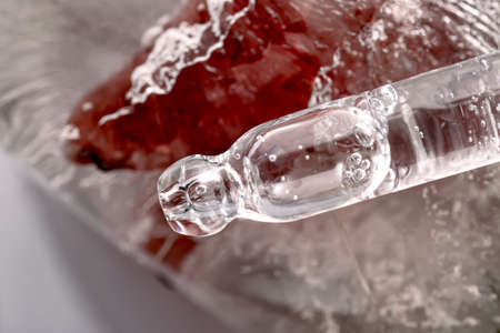 Pipette on a large piece of ice with frozen flowers.