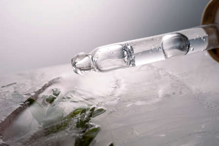 Pipette on a large piece of ice with frozen flowers.