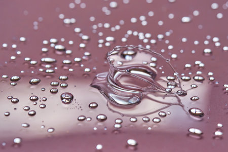 A large drop and splashes of micellar water on a pink background.の写真素材