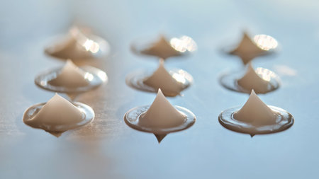 Drops of cream are unusually placed on the surface. The drops are arranged in 3x3 rows.の写真素材