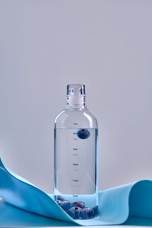 A glass bottle of pure water with blueberries.