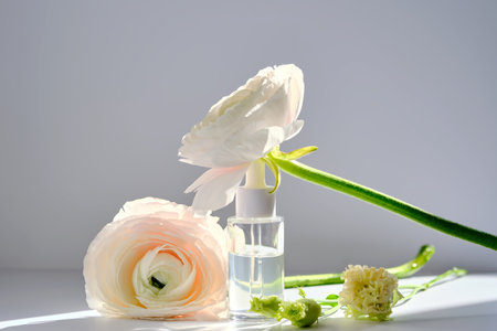 Serum with a dropper with spring flowers.の写真素材