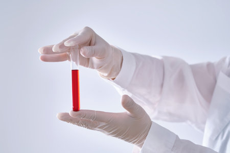Test tube with blood in the hand.の写真素材