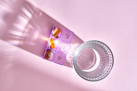 Bright pill box with different pills and vitamins next to a glass of water.の写真素材