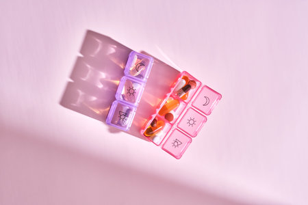 Bright pill box with different pills and vitamins.