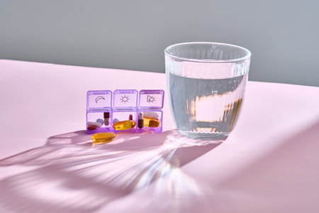 Bright pill box with different pills and vitamins next to a glass of water.