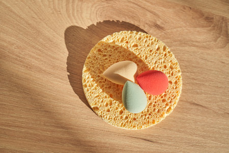 A set of different sponges: small colored ones and a large natural sponge.の写真素材