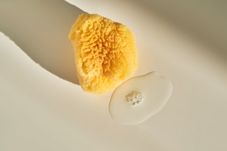 Natural sea sponge with a drop of washing gel next to it.の写真素材