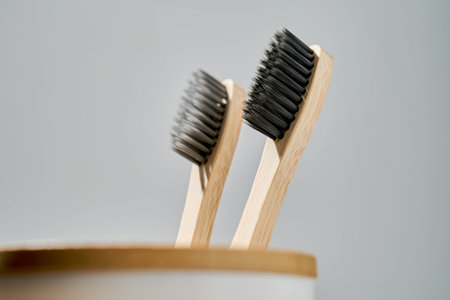 Toothbrushes in a glass. Daily morning routine.の写真素材