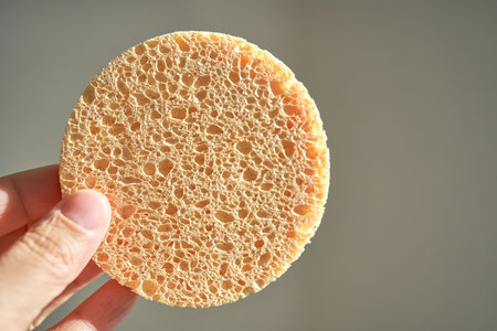 A large natural sponge in a womans hand.の写真素材