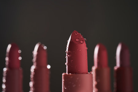 Red lipsticks with water drops on a dark background.の写真素材