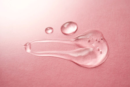 A drop of transparent cosmetic gel on a pink background.の写真素材