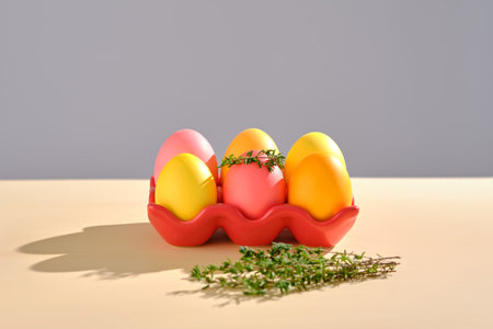 Easter eggs in pink, yellow and orange shades on a red stand.の写真素材