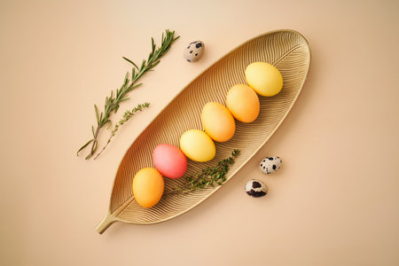 Easter eggs in pink, yellow and orange shades on a beige background.の写真素材
