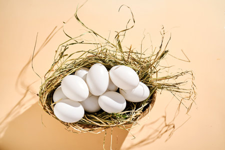 Wicker basket with farm natural white eggs.