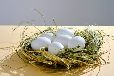 Farm natural white eggs in a nest of grass.