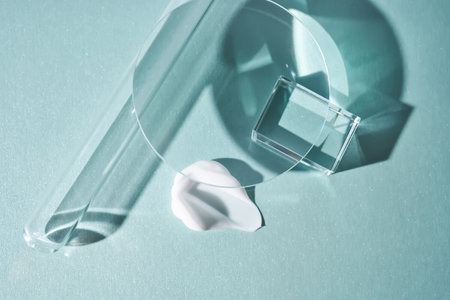 A smear of cream against a background of glass prisms on a blue background.