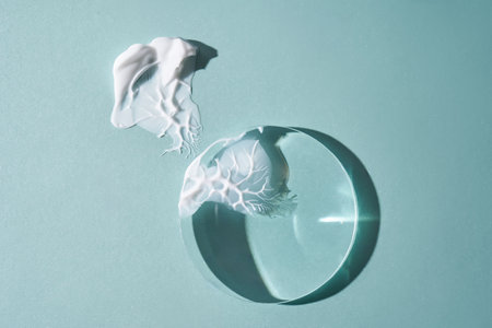 A smear of cream against a background of glass prisms on a blue background.