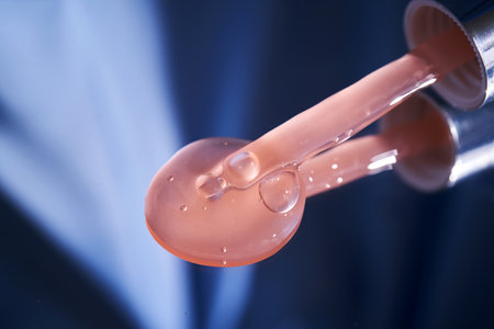 Bottle with pink serum on a blue background.