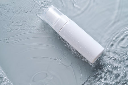 Bottles of cosmetic products in water on a blue background.の写真素材