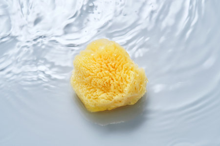 Natural sponge on a blue background with water.