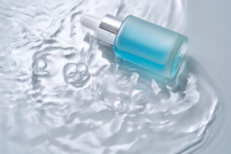 Bottles of cosmetics with a dropper in water on a blue background.の写真素材
