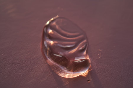 Beautiful volumetric drop of cosmetic product on a dark purple background.