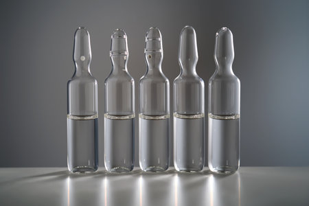 Five ampoules for injection with medicines on a grey background.の写真素材