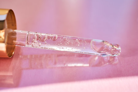 Pipette with serum shimmering in the sun on a pink background.の写真素材