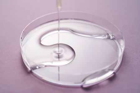 Serum or cosmetic oil flows into a transparent bowl on a purple background.の写真素材