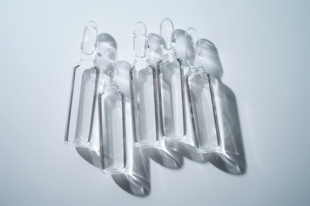 Several ampoules for injection with medicines on a blue background.の写真素材