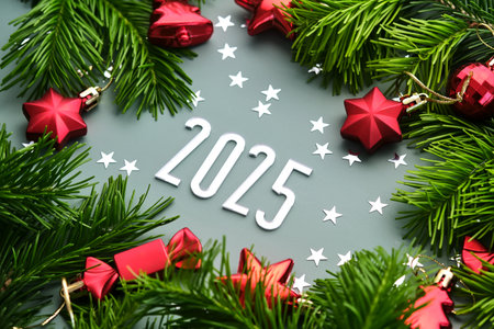 New Year 2025 background. Number of the coming year in Christmas decoration.