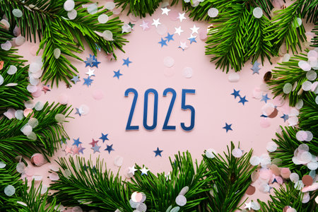 New Year 2025 pink background. Number of the coming year in Christmas decoration.