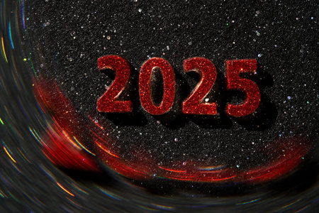 New Year 2025 dark background. Number of the coming year in Christmas decoration.