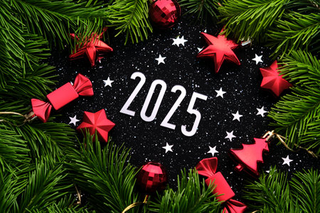 New Year 2025 background. Number of the coming year in Christmas decoration on a dark background.の写真素材