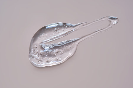 A drop of lubricant or cosmetic gel on a dusty pink background.