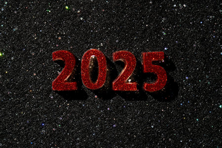 New Year 2025 dark background. Number of the coming year in Christmas decoration.