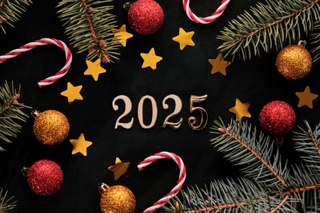 New Year 2025 background. Number of the coming year in Christmas decoration.の写真素材