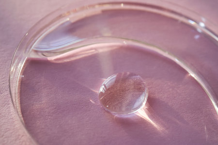 Beautiful volumetric drop of cosmetic product on a pink background.