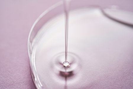 Serum or cosmetic oil flows into a transparent bowl on a purple background.の写真素材