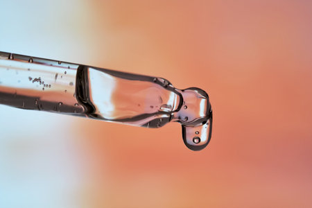 A pipette with facial serum against a sunset background in bright orange tones.