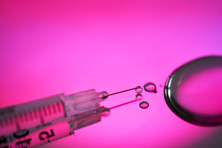 Injection syringe with a drop on a rich pink background.の写真素材
