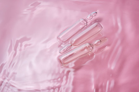 Ampoules in water on a pink background.の写真素材