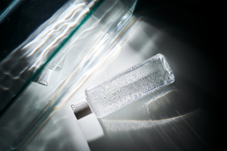 A bottle of moisturizing toner with a beautiful glow on the background.の写真素材