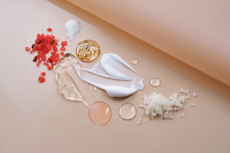 Different textures of cosmetic products on a beige background.の写真素材