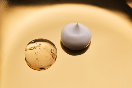The texture of cream and serum on a golden background.の写真素材
