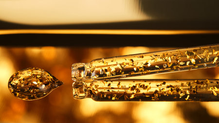 24 k gold facial serum in a pipette on a gold background.の写真素材