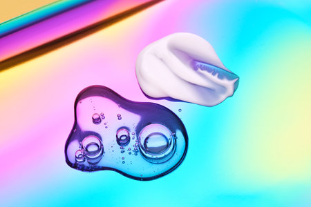 A drop of cosmetic serum, cream and gel on a multicolored background in shades of blue and lilac.の写真素材