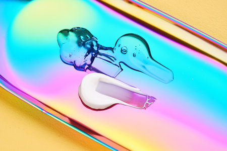 A drop of cosmetic serum, cream and gel on a multicolored background in shades of blue and lilac.